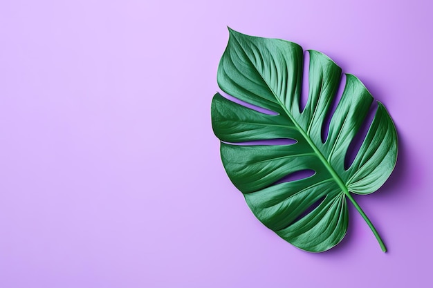 Green tropical leaf on a purple background with copy space