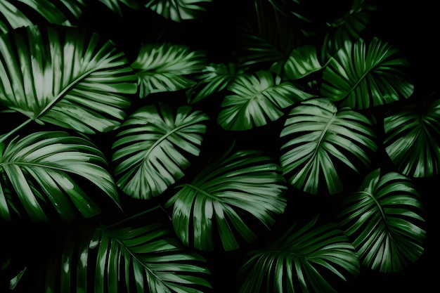 Green Tropical Leaves On Black Background