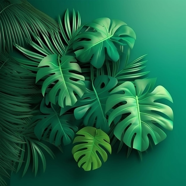 Зеленые тропические листья на зеленом фоне
