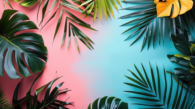 Green tropical leaves on a pink and blue background Creative advertising