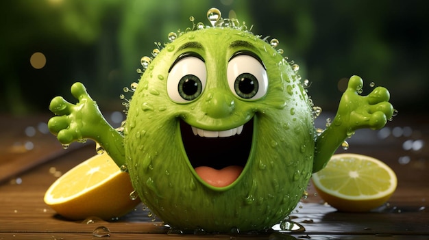 Photo green tropical mix fruits character in emotion action