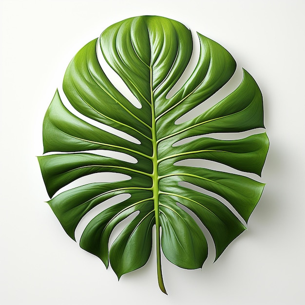 Green tropical monstera leaf White background top view