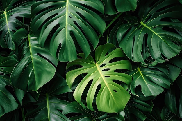 Green tropical monstera leaves Background of various green tropical leaves