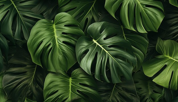 Green tropical palm leaves monstera dark background