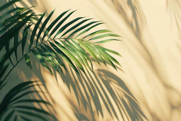 Photo green tropical palm tree leaves on beige background