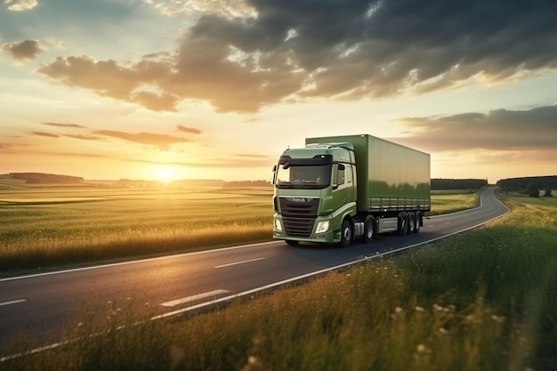 Green truck drives on the road near a field at sunset Cargo delivery by cars concept Van rides on the countryside