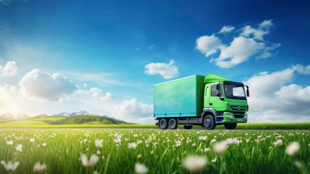 Green truck ecofriendly transportation concept on spring meadow ai generated