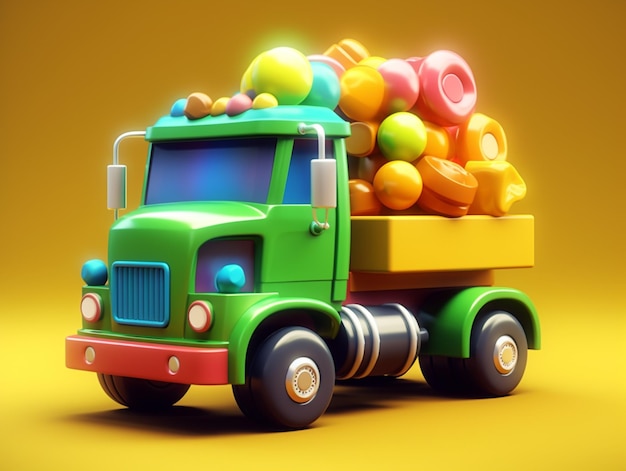 A green truck with a large yellow box full of balls.