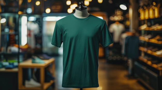 가게 창문 에 있는 인형 에 있는 초록색 티셔츠 빈 티셔츠 모