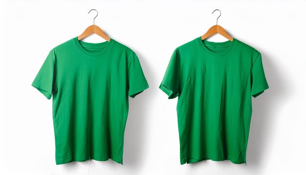 Photo green tshirt on wooden hanger front and back views against white background