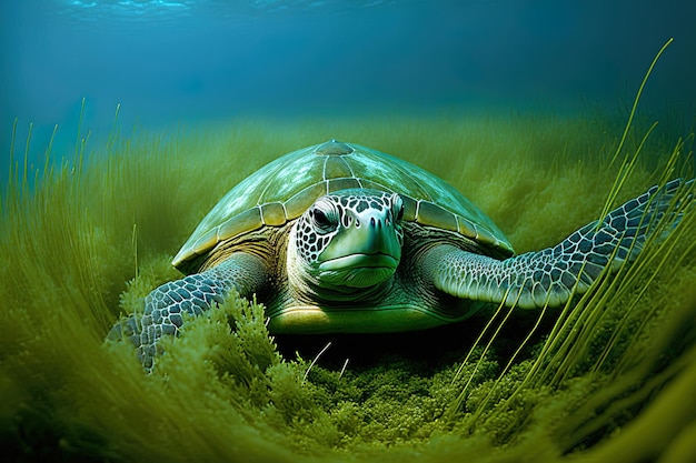 Green turtle amid a meadow of marine grass