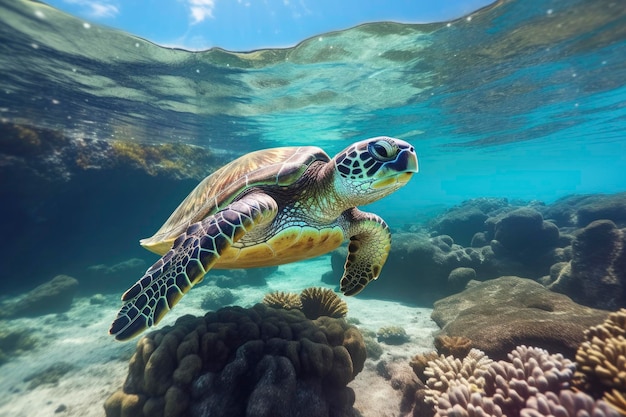 海水にいるアオウミガメ