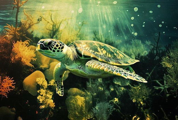 a green turtle swimming over coral in the style of atmospheric photograms