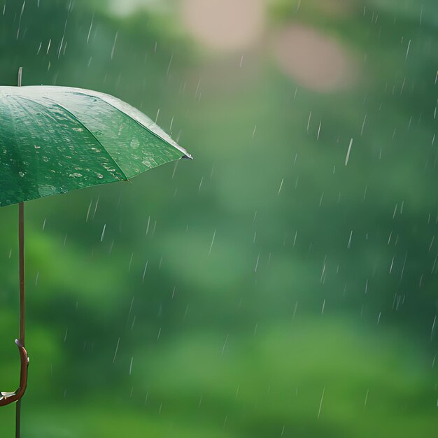 a green umbrella is in the rain with a green leaf on it