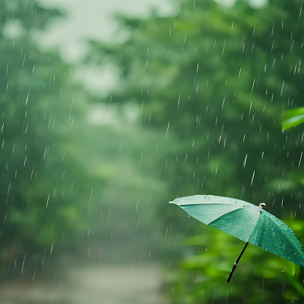 a green umbrella is in the rain with the rain falling on it