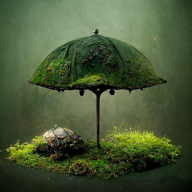 A green umbrella with a turtle on it