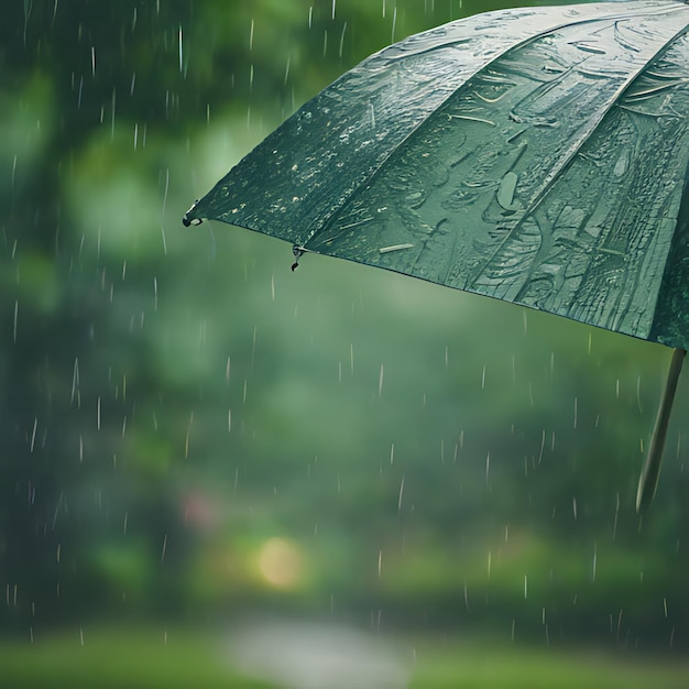 Foto un ombrello verde con la parola su di esso nella pioggia