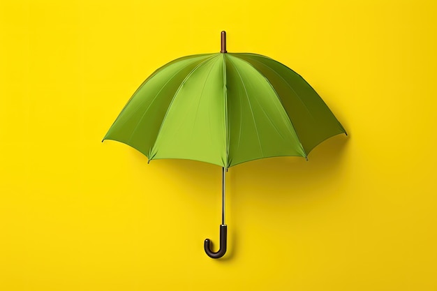 Green umbrella on yellow background stylishly open