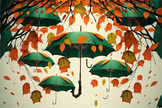 Green umbrellas hanging on autumn tree with bright orange leaves created with generative ai