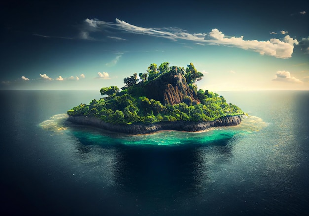 Зеленый необитаемый остров в открытом море