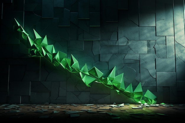 Фото Зеленая восходящая стрелка, показывающая импульс, выходящий из стены
