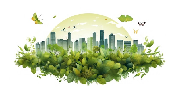 Photo green urban ecosystem with flora and fauna on city skyline balance of nature and urbanization in