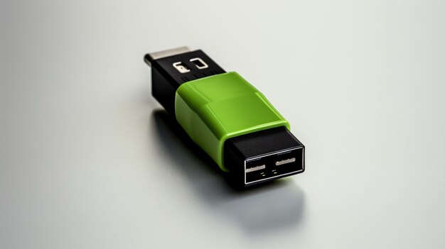 Photo green usb 20 plug on a light solid background