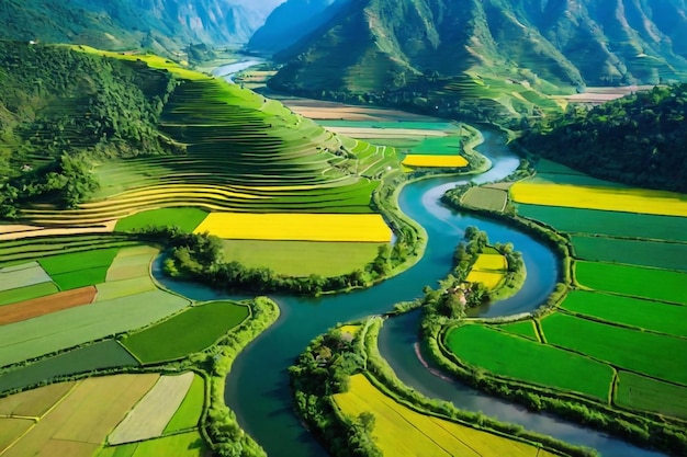 Green valley landscape with a curvy river villages and colorful crops