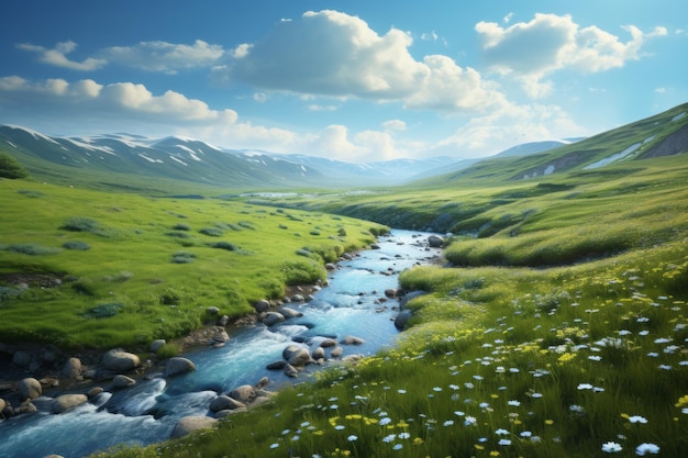 A green valley with flowers and hills on which a stream flows in a mountainous area Beautiful landscape generative ai