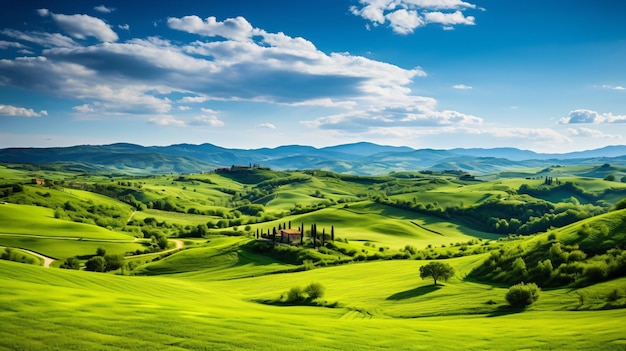 a green valley with hills and trees in the distance