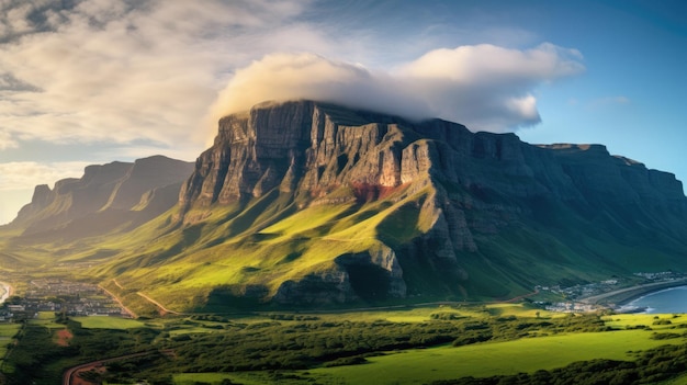 A green valley with a mountain in the background