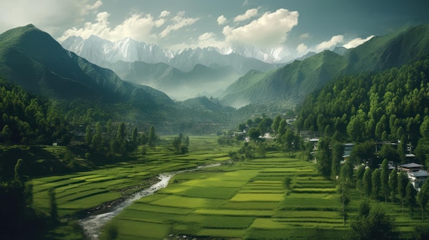 A green valley with a mountain range in the background