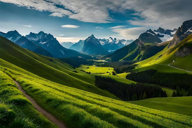 Зеленая долина с горами на заднем плане