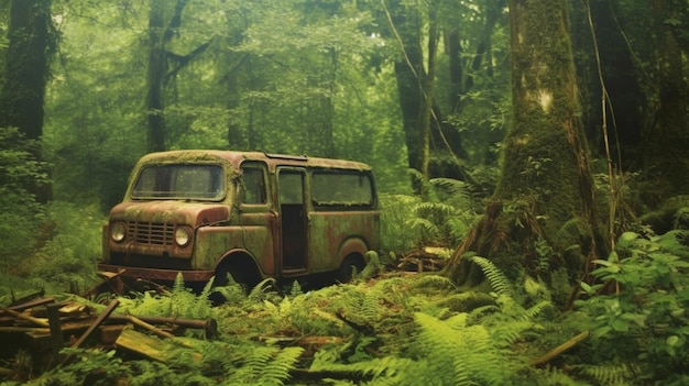 A green van is in the woods with the door open.