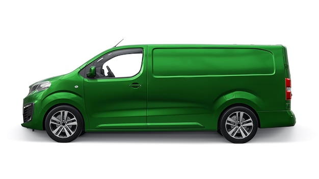 Green van on a white background A small commercial car delivery van Courier delivery 3d rendering