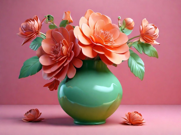 a green vase with flowers in it and a pink background