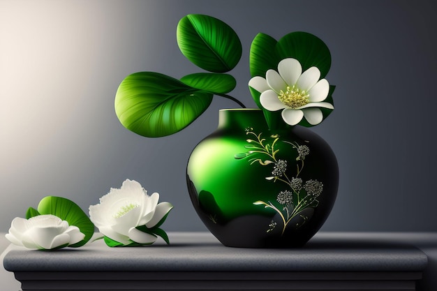 Зеленая ваза с цветами и листьями на столе.