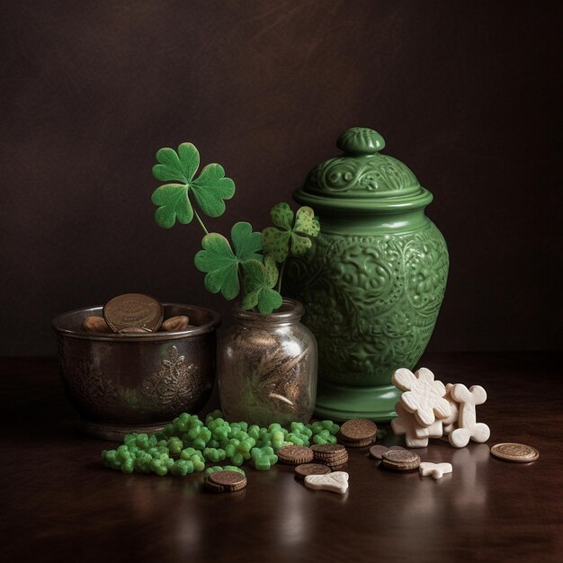 A green vase with a green lid and a green pot with a clover on it.