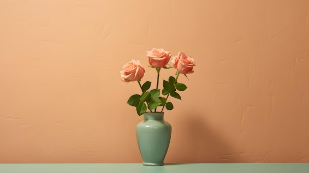 A green vase with pink roses in it is on a table.