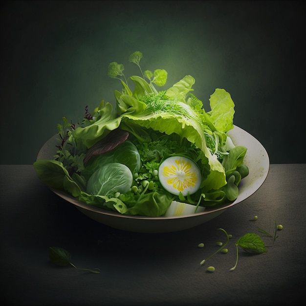 Green vegan breakfast meal in bowl with spinach arugula avocado seeds and sprouts on dark background