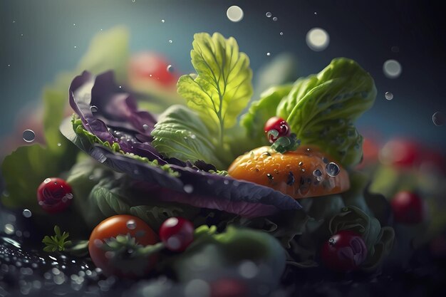 Photo green vegan salad from green leaves mix and vegetables close up view on dark background