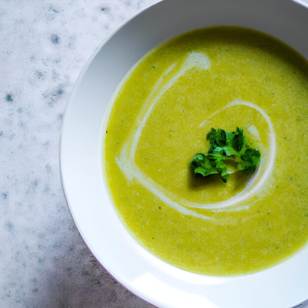 Green vegetable cream soup in a white bowl on a gray concrete background top view Vegan soup puree