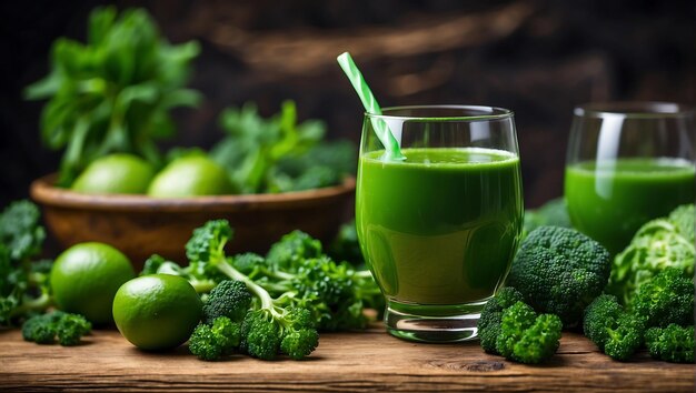 Green vegetable juice in glass among fresh ingredients Generative AI