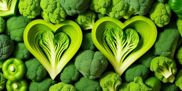 Green vegetables background Heart shape by vegetables Healthy food concept Green vegetables and leafy food background of fresh garden produce organically grown as symbol of health generative ai