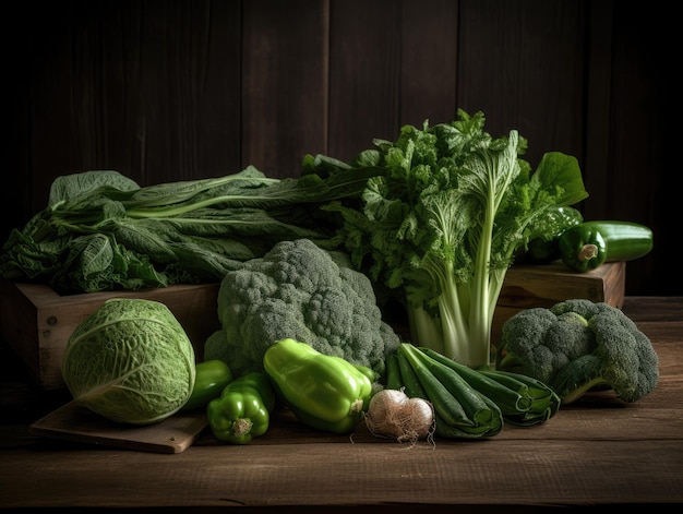 Green vegetables on a wooden table generative ai