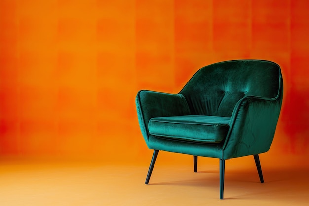 Green velvet armchair and orange wall background minimalist interior design