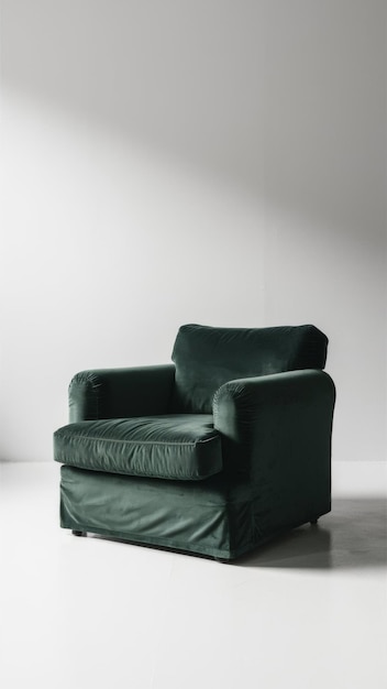 green velvet armchair white background minimalist photography style raw