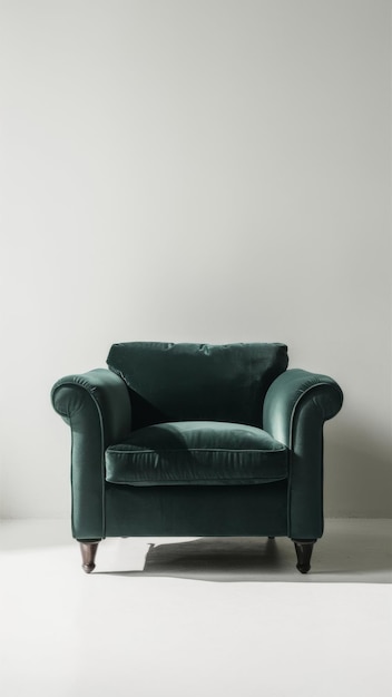 green velvet armchair white background minimalist photography style raw