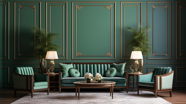 Green velvet sofa and armchair against a green wall