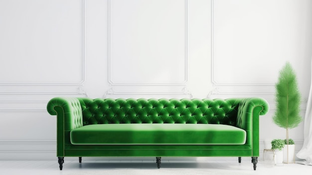 A green velvet sofa in a living room